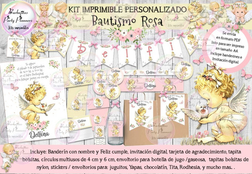 Kit Imprimible Candy Angelito Bautismo Rosa Personalizado