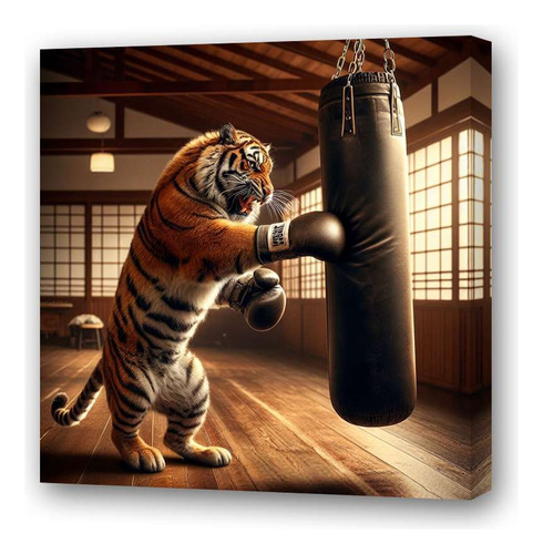 Cuadro 60x60cm Tigre Boxeando Saco Deporte Gym Sport M1