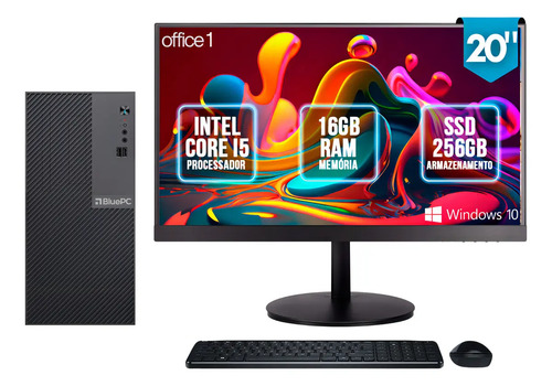 Computador Completo Intel Core i5, 16GB RAM, SSD 256GB, Monitor LED 20", Windows 10 Pro, Preto, Bivolt - BluePC Office1 CDBP-OFF1-108
