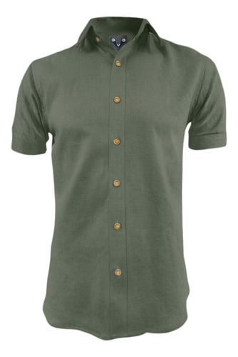 Camisa En Lino Verde Hoja Casual Manga Corta Slim Fit Hombre