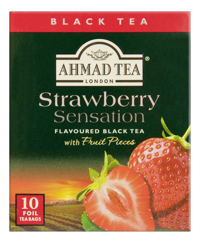 Chá Ahmad Tea London preto strawberry sensation em sachê 20 g 10 u