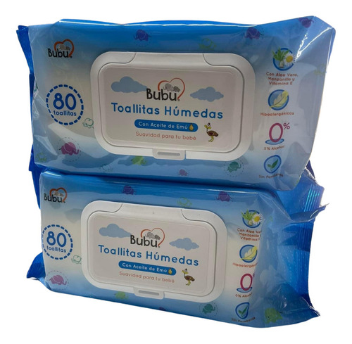 Pack Toallas Húmedas De Agua Infanti Bubu 2x80und Aceite Emu