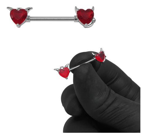 Piercing Nipple Aro Pezon Con Corazon Rojo Diablito Y Angel Color Strass Rojo