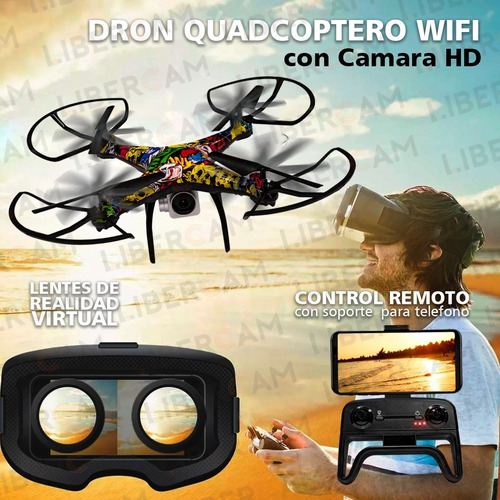 Drone Cuadricoptero Dual Camara Hd Wifi Libercam DRON-VR Transmite Al Telefono Luz Led + Lentes
