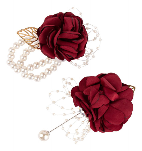 Conjunto Ramillete Muñeca Rojo Burdeo Boutonniere Para Dama