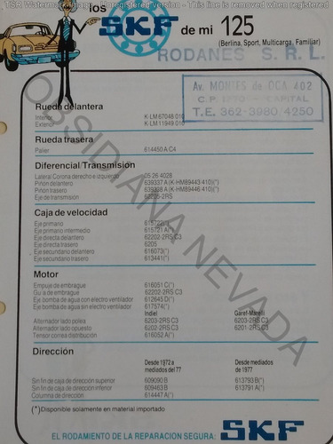 Antiguo Catálogo Rulemanes Skf Auto Fiat 125 - Año 1983