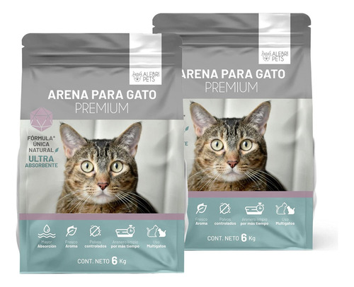 Arena Para Gato Premium 2 Bolsas De 6 Kilos Sin Aglutinante x 16kg de peso neto  y 6kg de peso por unidad