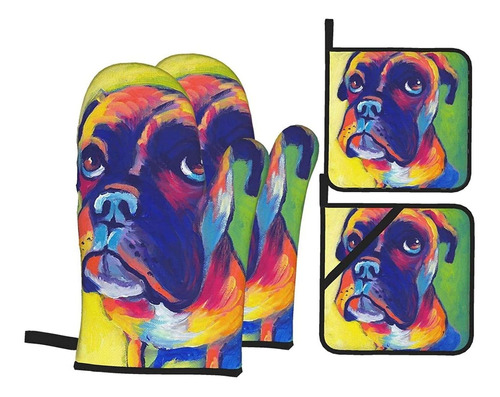 Dog Color Portrait Horno Miton Soporte Para Olla Set 4