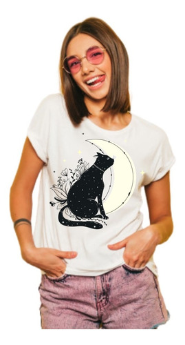 Blusa / Playera Blanca / Gato Negro / Moda Mujer