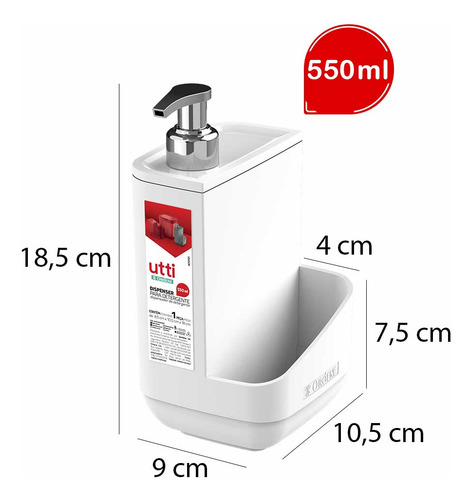 Porta Detergente Dispenser 550ml E Compartimento P/ Esponja