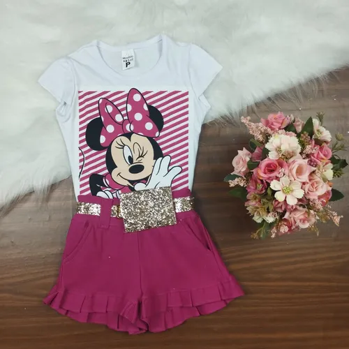 Conjunto Roupa Menina Infantil Minnie Pochete Blusa E Short