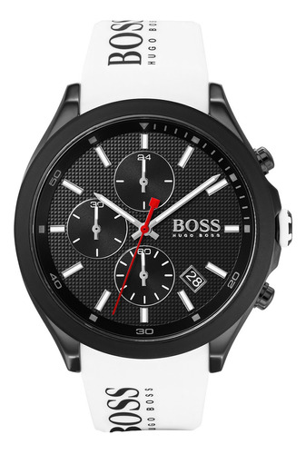 Relógio masculino de silicone Hugo Boss 1513718 Velocity Strap, cor da pulseira: branco, cor do bisel, cor de fundo: preto