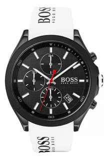 Relógio masculino de silicone Hugo Boss 1513718 Velocity Strap, cor da pulseira: branco, cor do bisel, cor de fundo: preto