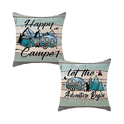 Happy Camper Pillow Covers Set Of 2, Vintage Decorative...