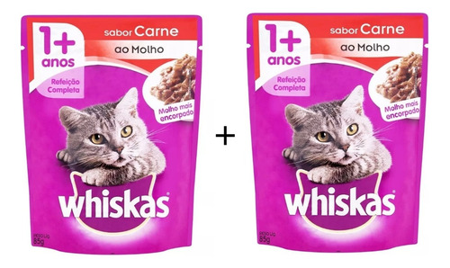 2 X  Whiskas Gatos Adultos Sabor Carne Ao Molho Sachê De 85g