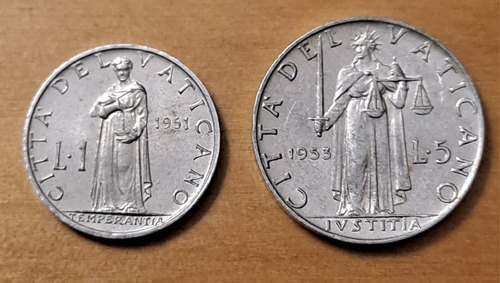 Ciudad Del Vaticano X 2 Monedas 1 Lira 1951 + 5 Liras 1953. 