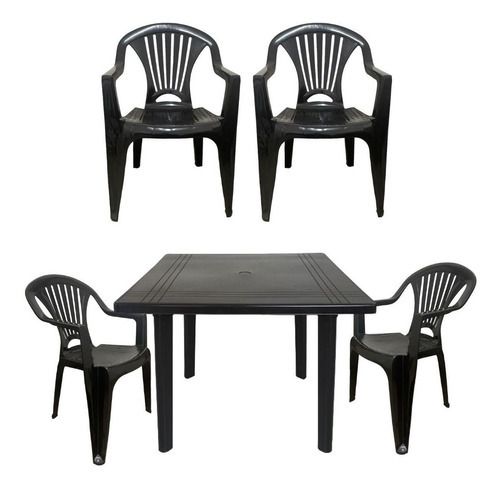 Mesa Desmontável Quadrada + 4 Cadeira Poltrona Área Lazer Cor Preto