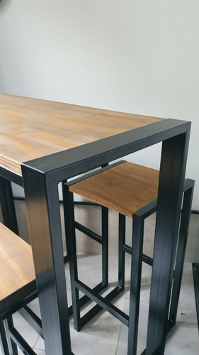 Mesa Barra Desayunadora Hierro Y Madera 100x40 + 4 Taburetes
