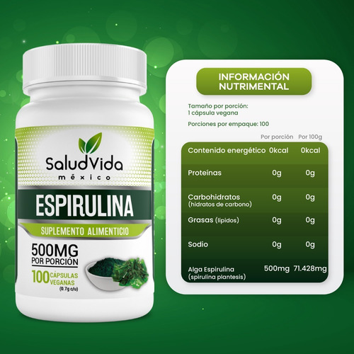 Imagen 2 de 3 de Alga Espirulina Orgánica 500mg 100 Capsulas