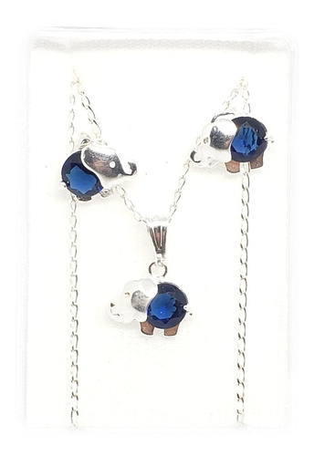 Collar De Elefante Zirconia Azul De Plata 925 +aretes Za1