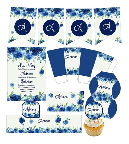 Kit Imprimible Flores Azules Cumpleaños Baby Shower