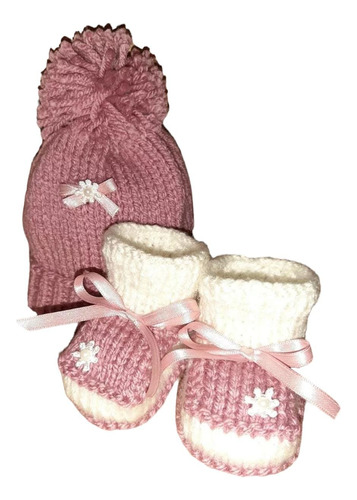 Escarpines Rosa Y Gorra Bebé De Lana Hecho A Mano Para Niña 