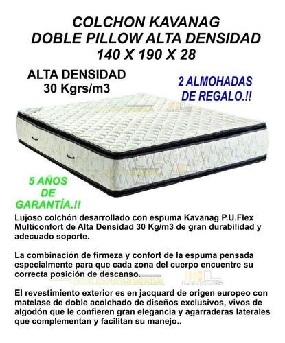 Colchon Kavanag Metal Doble Pillow 140x190x28 Alta Densidad