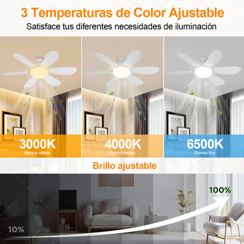 Ventilador De Techo Abanico Lampara Luz 40w E27 52cm De Diámetro Incluye Extensor Y Control Remoto Avanzado, Brillo 3000k-6500k/regulable, 3 Velocidades De Viento, 6 aspas de ventilador