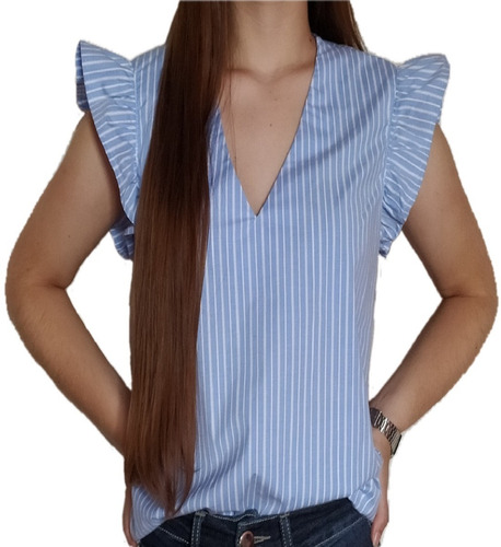 Blusa De Dama Casual, Cuello En V, Manga Bolero, Azul Rayada