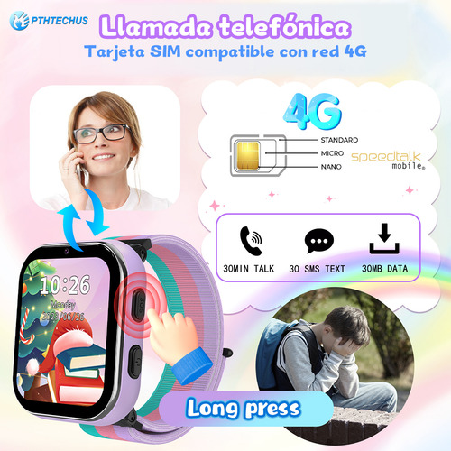 Reloj Inteligente 4g Llamadas HD Reloj Smartwatch Para Niños 4g Señal Reloj Inteligente Para Compatible con chip SIM 4g PTHTECHUS SOS smartwatch Lt49 Púrpura Llamadas Smartwatch,FULL HD LCD Smartwatch