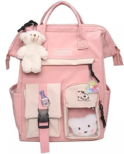 Mochila Kawaii Escolar Con Accesorios Oso Peluche (rosa)