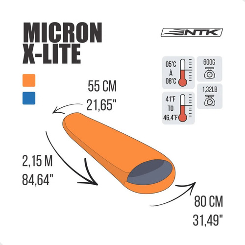 Saco De Dormir Tipo Sarcófago Micron X-lite  8°C Temperatura de Conforto 5°C Temperatura Extrema 2,15m x 80cm Nautika