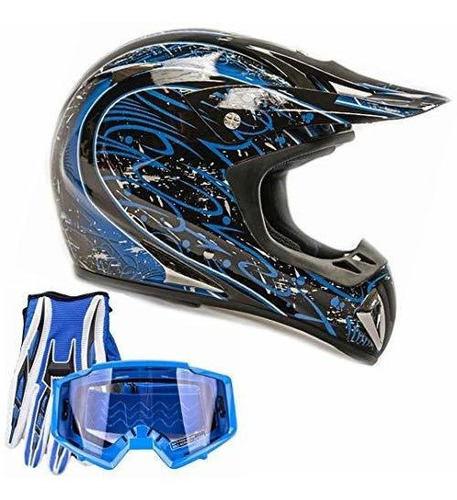 Typhoon Atv Mx Casco Gafas Guantes Gear Combo Blue Splatter 