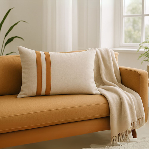 Capa Para Almofada Baguete 30x50cm Linho Com Couro Caramelo Sofisticada Tendência Decoração