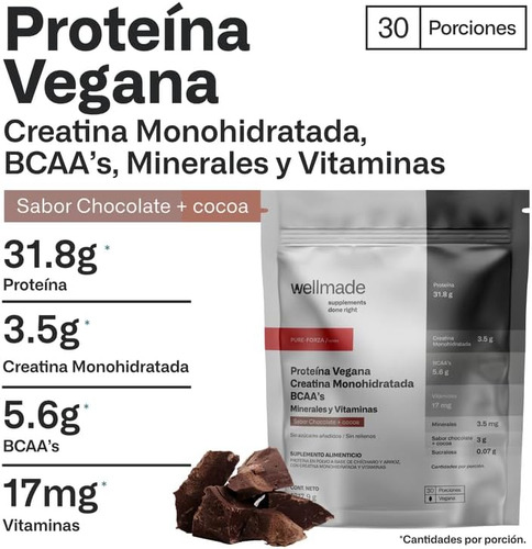 Imagen 4 de 5 de Suplemento Polvo Wellmade Proteina Vegana Creatina 1.3 Kg Sabor Chocolate Cocoa