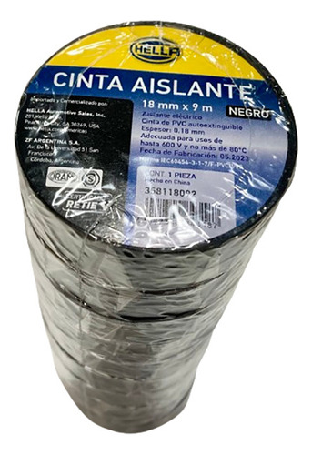 Cinta Aislante Negra Marca Hella X 9 Mts Pack X 10 Unidades