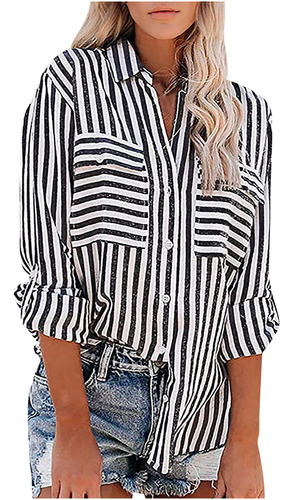 Blusa Para Mujer, Estampado A Rayas, Manga Larga, Talla S