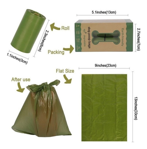 Bolsas Perro Biodegradable Heces 10 Caja 8 Rollos 1200 Bolsa Verde