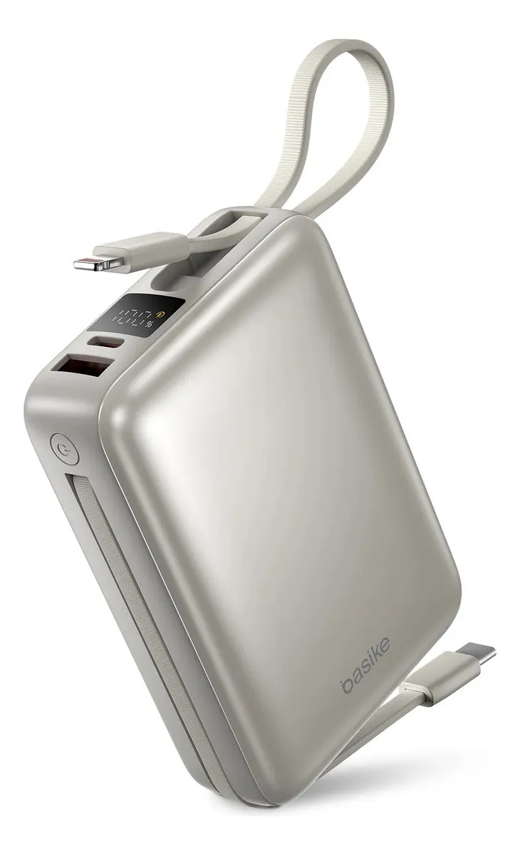 Carregador Portátil Power Bank Basike 20000mAh 22.5W Rápido Cabos Embutidos Tipo C iPhone Samsung