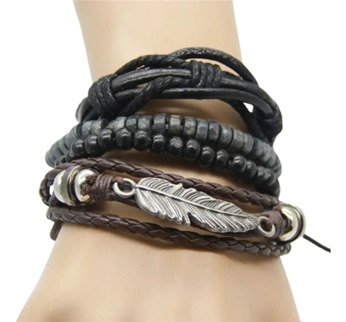 Conjunto Set Pulsera Cuero Hilo Negro Dije Pluma