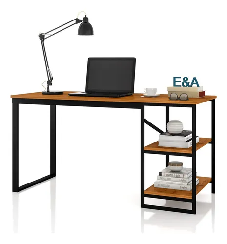 comprar Mesa Home Office C\u002Fprateleiras Industrial E&a Moveis Cor Preto\u002Fcanela