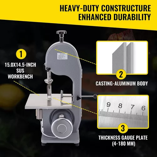 Sierra de huesos VEVOR de 110 V, cortadora de carne congelada de 850 W,  sierra de cinta de carnicero de 1,12 HP, rango de grosor de 4 a 180 mm,  altura