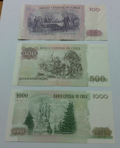 Imagen 2 de 2 de Billete Lote Billetes Chilenos 100, 500 Y 1000 Pesos (grw)