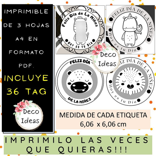 Imagen 3 de 4 de Kit Imprimible Tag Feliz Dia De La Niñez Pdf 1 Blanco/negro