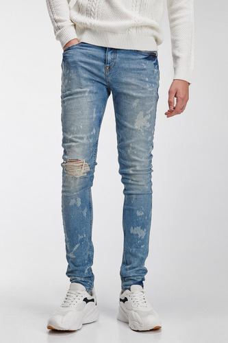 Jean Súper Skinny Azul Medio Con Diseños En Láser Y Rotos En