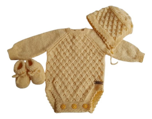 Body, Gorrita Y Escarpines Bebé Manga Larga Tejido Amarillo Maiz 1-3 M