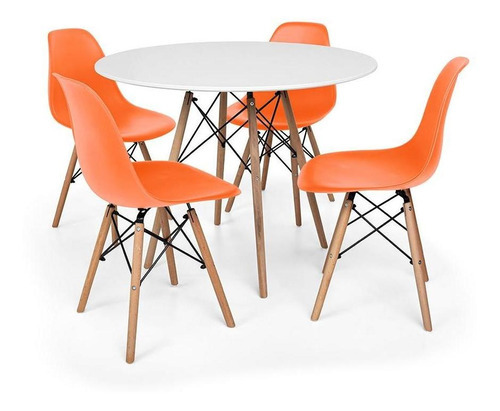 Kit Mesa Jantar Eiffel 80cm Branca + 4 Cadeiras Eames Eiffel Cor Laranja