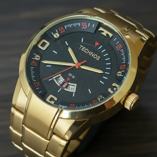 Relogio Masculino Grande Melhor Relógio Technos Calendário Cor Da Correia Dourado Cor Do Bisel Dourado Cor Do Fundo Preto