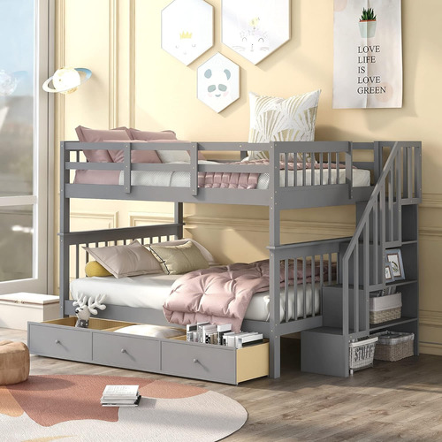 Yuihome Full-over-full Bunk Bed With 3 Drawers, Soild Wood S