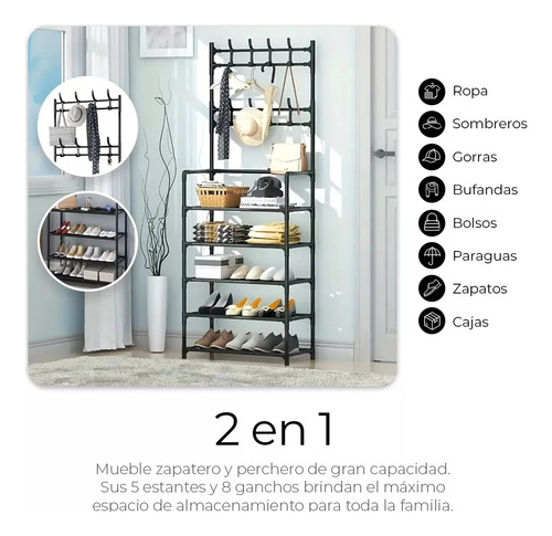 Perchero Zapatera 2 En 1 Organizador Rack Estante Ganchos